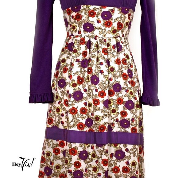 Vintage 70s Maxi Dress Purple Top with Ruffled Flower Skirt XS B32 W24 - Hey Viv - Picture 4 of 6